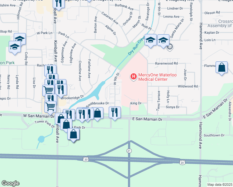 map of restaurants, bars, coffee shops, grocery stores, and more near 3728 West 9th Street in Waterloo