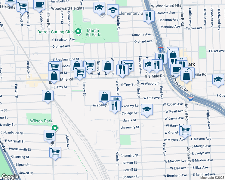 map of restaurants, bars, coffee shops, grocery stores, and more near 1777 East Troy Street in Ferndale