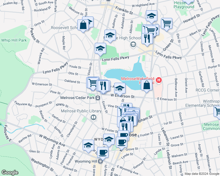 map of restaurants, bars, coffee shops, grocery stores, and more near 66 Lake Avenue in Melrose