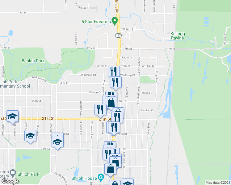 map of restaurants, bars, coffee shops, grocery stores, and more near Sheridan Road in Zion
