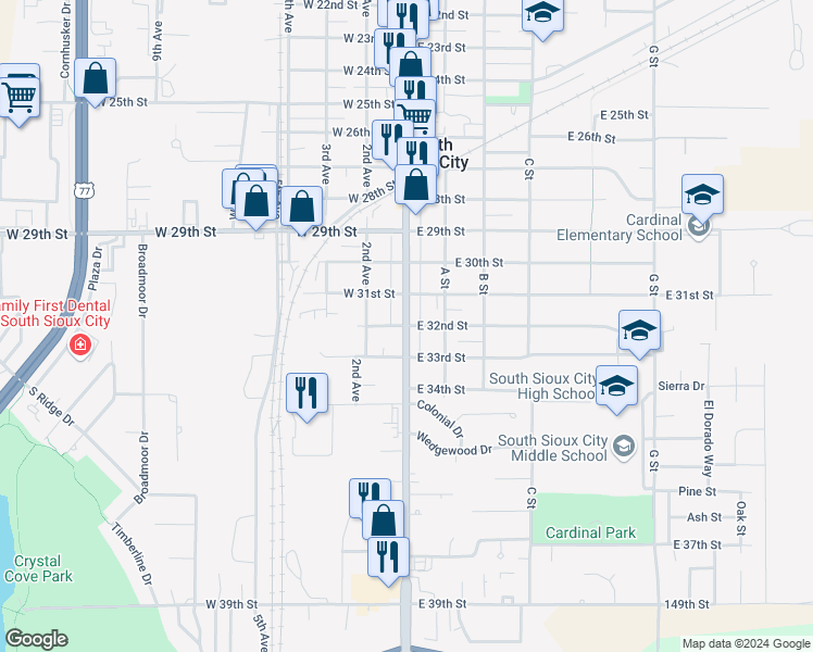 map of restaurants, bars, coffee shops, grocery stores, and more near 3201 Dakota Avenue in South Sioux City