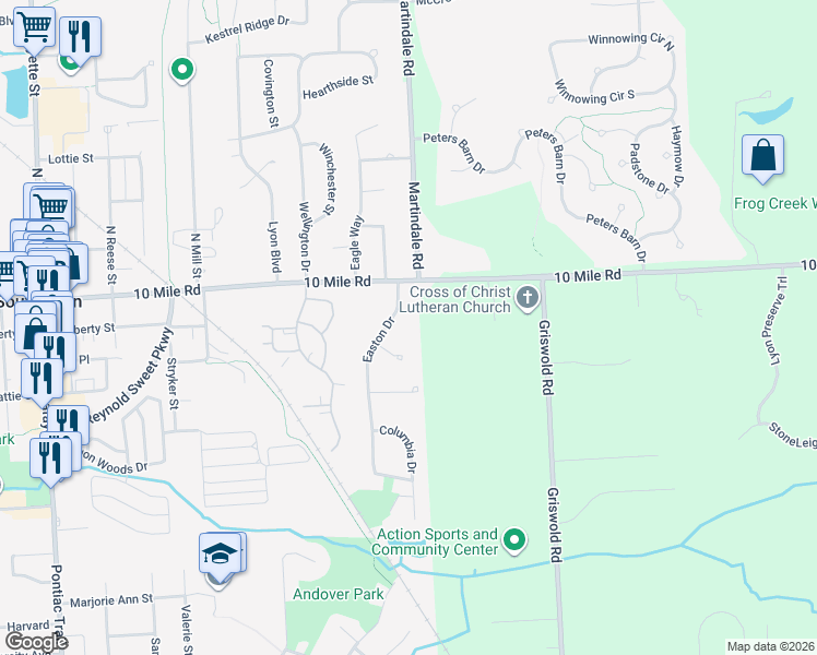 map of restaurants, bars, coffee shops, grocery stores, and more near 115 Easton Drive in South Lyon