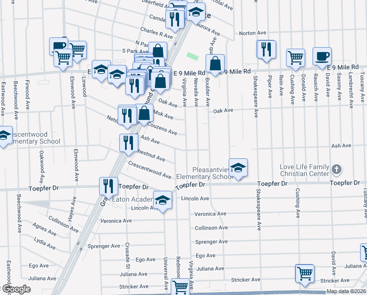 map of restaurants, bars, coffee shops, grocery stores, and more near 22007 Virginia Avenue in Eastpointe