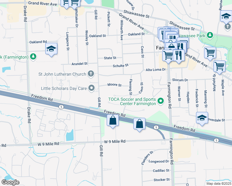 map of restaurants, bars, coffee shops, grocery stores, and more near 33999 Moore Street in Farmington
