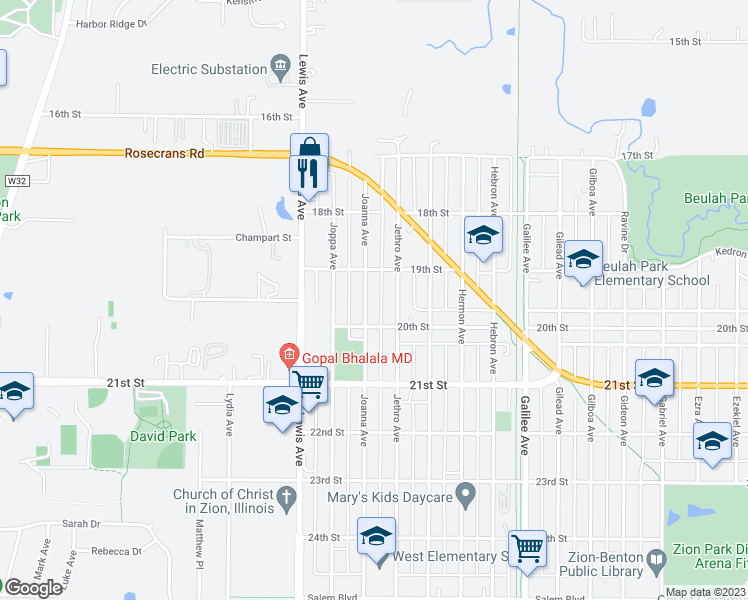 map of restaurants, bars, coffee shops, grocery stores, and more near 1917 Joanna Avenue in Zion