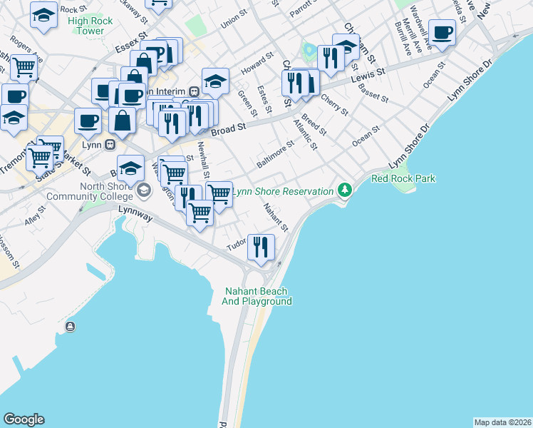 map of restaurants, bars, coffee shops, grocery stores, and more near 95 Nahant Street in Lynn