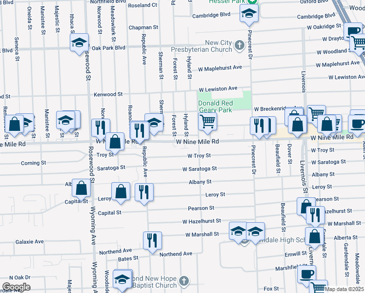 map of restaurants, bars, coffee shops, grocery stores, and more near 8106 West Nine Mile Road in Oak Park