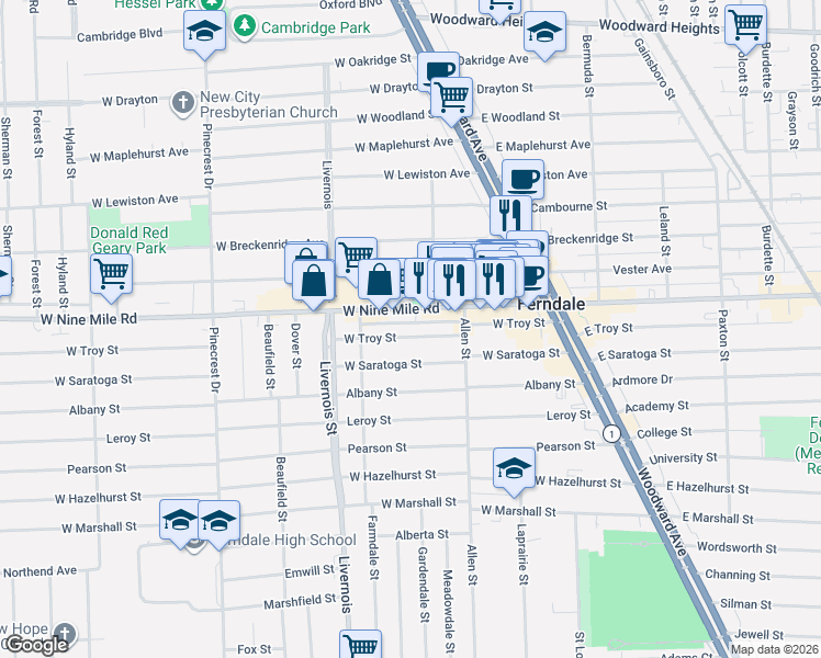 map of restaurants, bars, coffee shops, grocery stores, and more near 482 West Nine Mile Road in Ferndale