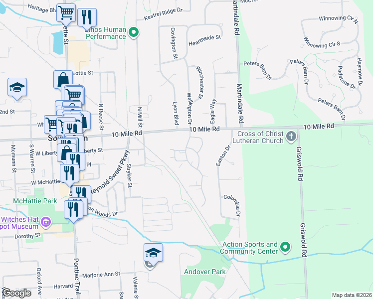 map of restaurants, bars, coffee shops, grocery stores, and more near 128 Brookwood Court in South Lyon