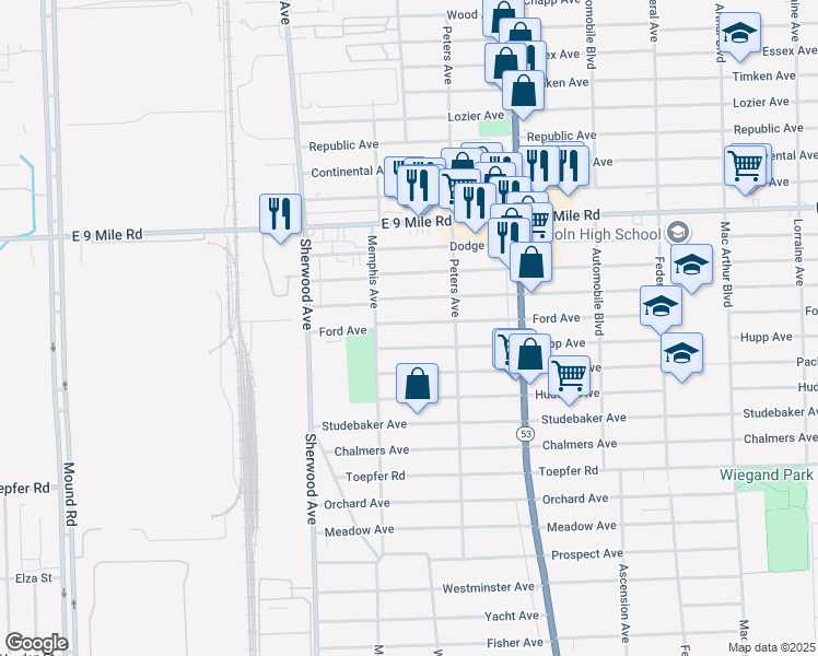 map of restaurants, bars, coffee shops, grocery stores, and more near 7068 Ford Avenue in Warren