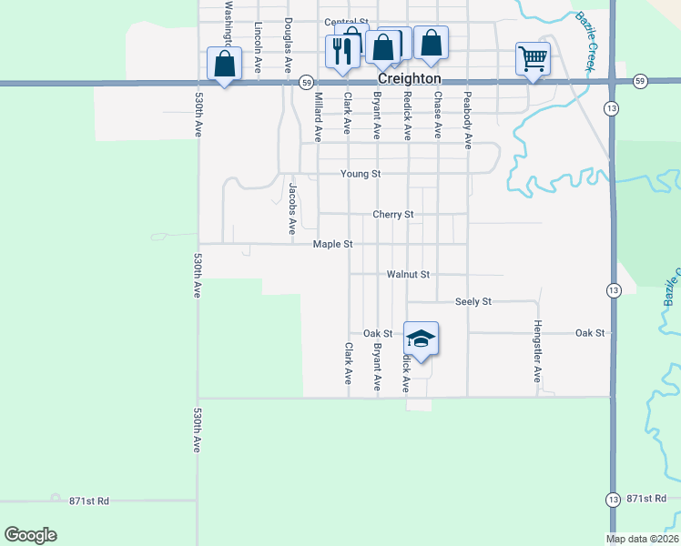map of restaurants, bars, coffee shops, grocery stores, and more near 1300-1398 Clark Avenue in Creighton