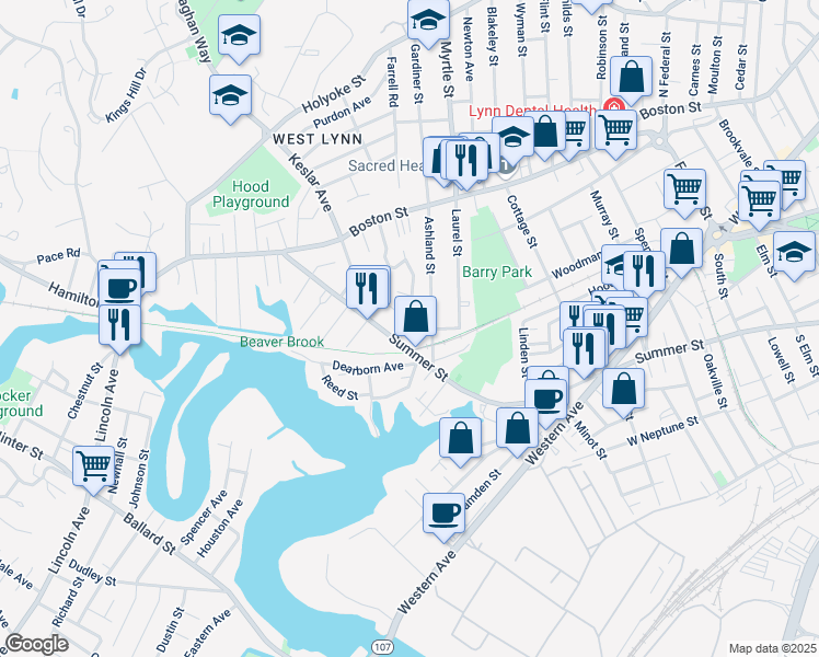 map of restaurants, bars, coffee shops, grocery stores, and more near 11-13 Echo Grove Avenue in Lynn