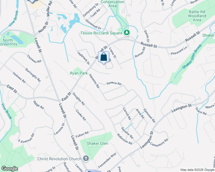 map of restaurants, bars, coffee shops, grocery stores, and more near 19 Seneca Road in Woburn