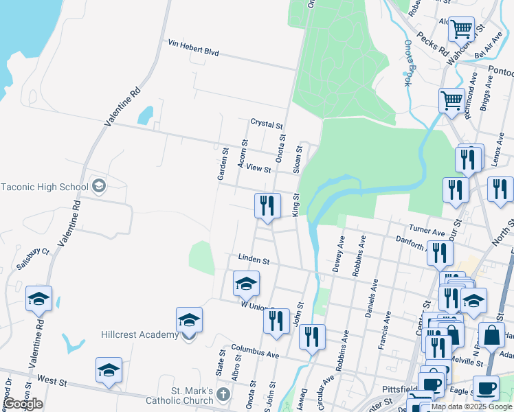 map of restaurants, bars, coffee shops, grocery stores, and more near 15 Woodbine Avenue in Pittsfield