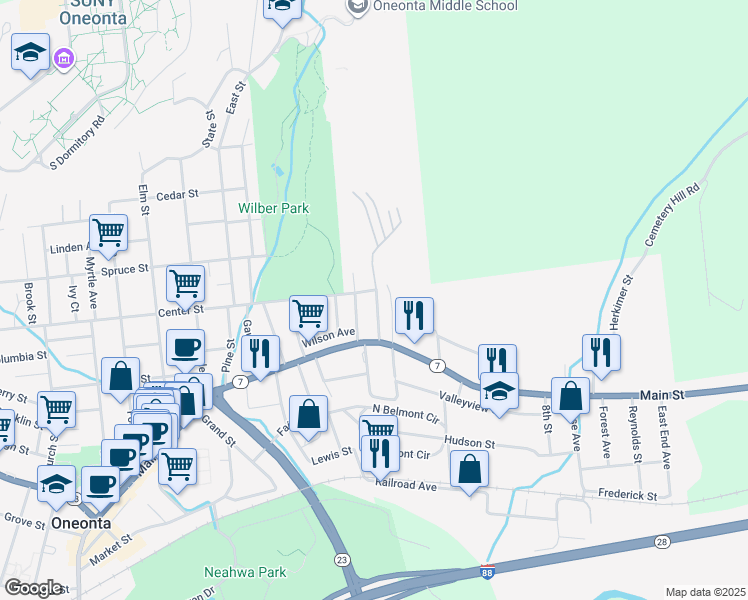 map of restaurants, bars, coffee shops, grocery stores, and more near 20 Gardner Place in Oneonta