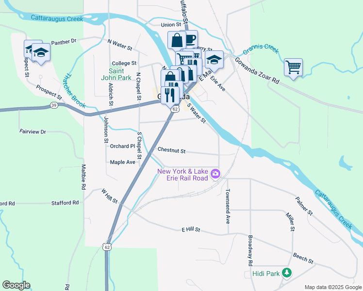 map of restaurants, bars, coffee shops, grocery stores, and more near R61 Chestnut Street in Gowanda