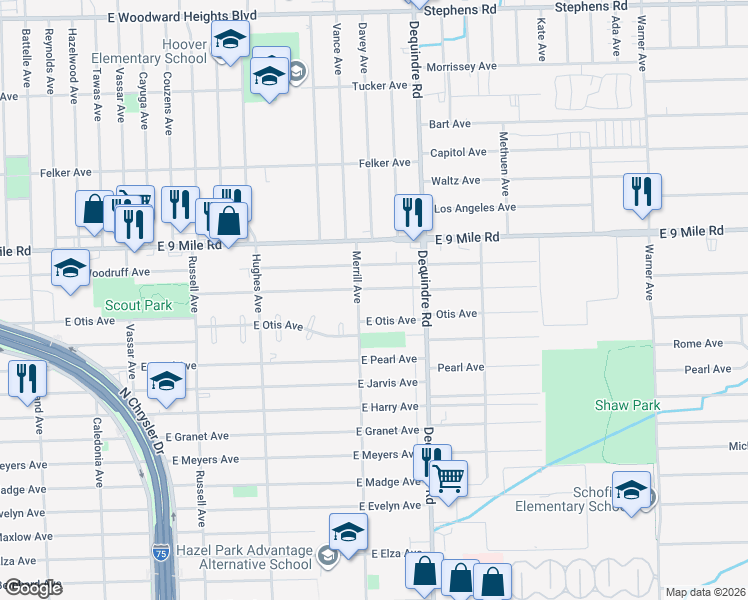 map of restaurants, bars, coffee shops, grocery stores, and more near 1713 East Goulson Avenue in Hazel Park