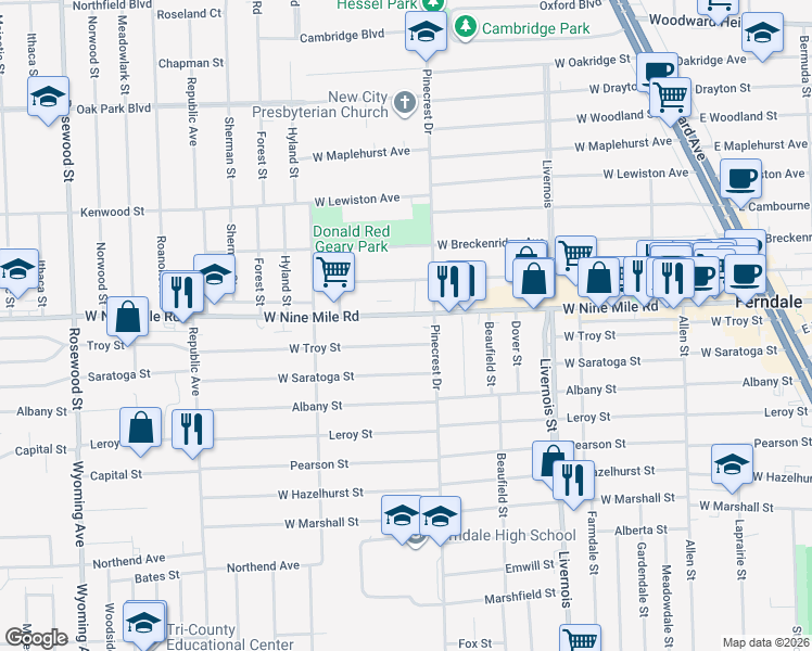 map of restaurants, bars, coffee shops, grocery stores, and more near 1200 West Nine Mile Road in Ferndale