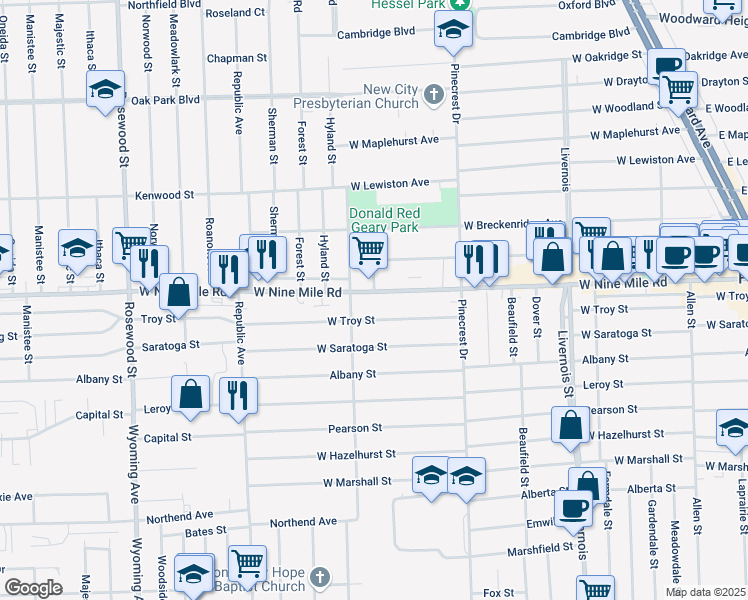 map of restaurants, bars, coffee shops, grocery stores, and more near 1270 West Nine Mile Road in Ferndale
