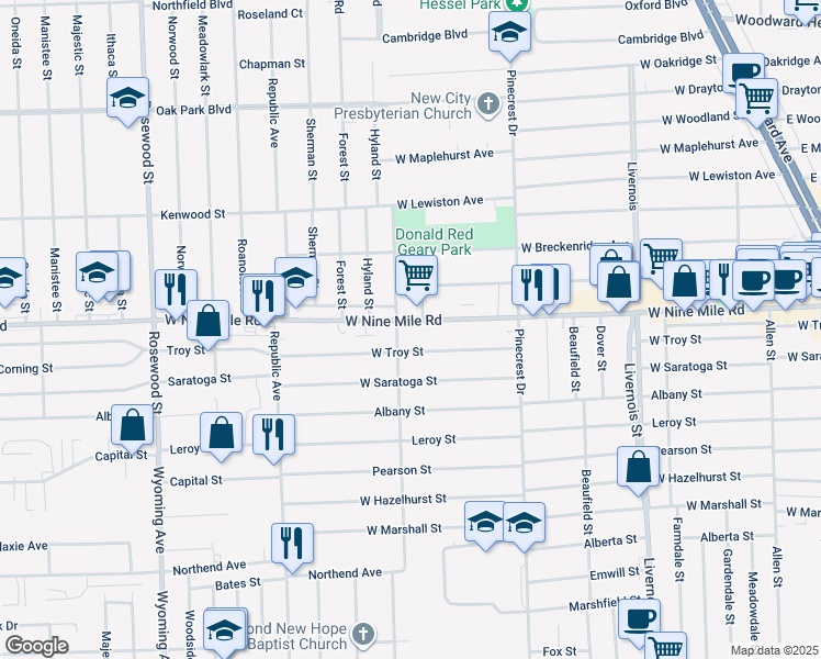 map of restaurants, bars, coffee shops, grocery stores, and more near 1358 West Nine Mile Road in Ferndale