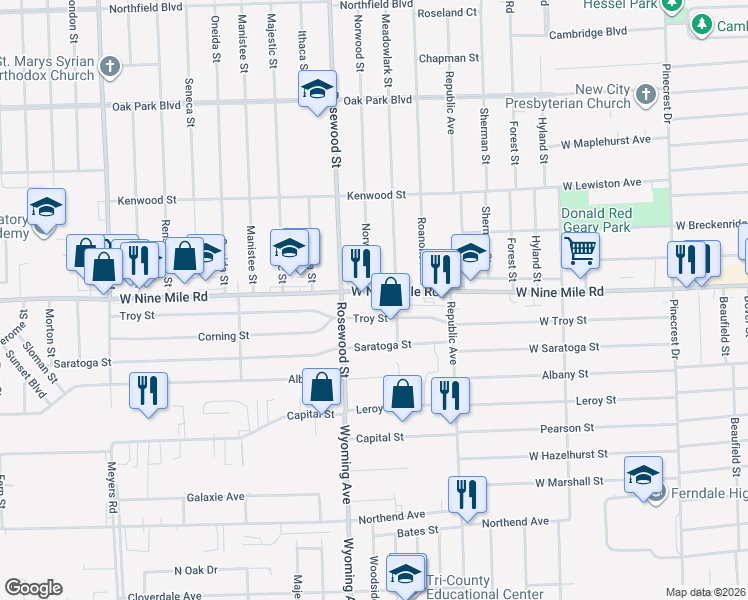 map of restaurants, bars, coffee shops, grocery stores, and more near 8700 West Nine Mile Road in Oak Park