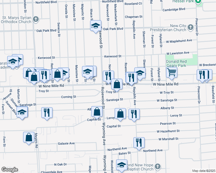 map of restaurants, bars, coffee shops, grocery stores, and more near 8940 West Nine Mile Road in Oak Park
