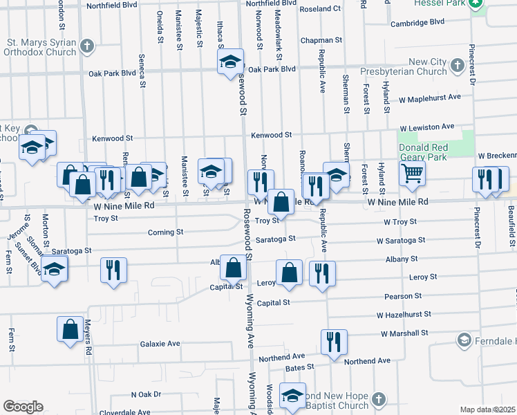 map of restaurants, bars, coffee shops, grocery stores, and more near 8940 West Nine Mile Road in Oak Park