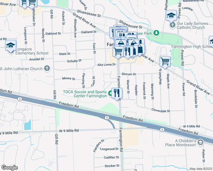 map of restaurants, bars, coffee shops, grocery stores, and more near 23127 Slocum Drive in Farmington
