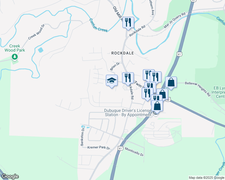 map of restaurants, bars, coffee shops, grocery stores, and more near 100 Tower Drive in Dubuque