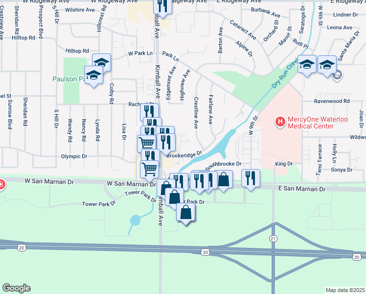 map of restaurants, bars, coffee shops, grocery stores, and more near 3640 Canterbury Court in Waterloo