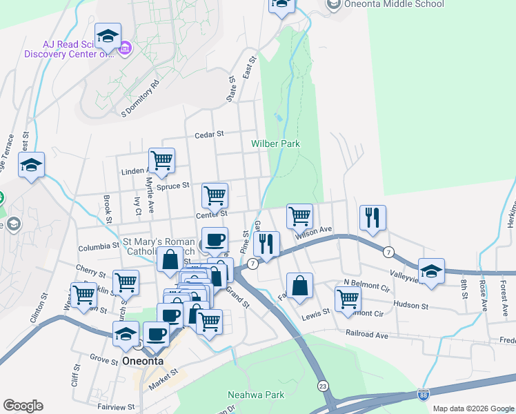 map of restaurants, bars, coffee shops, grocery stores, and more near in Oneonta