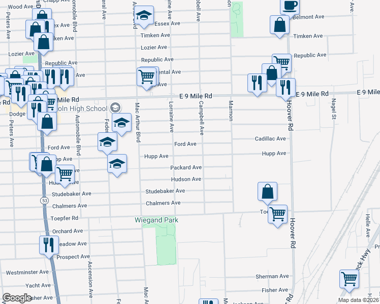 map of restaurants, bars, coffee shops, grocery stores, and more near 11051 Ford Avenue in Warren