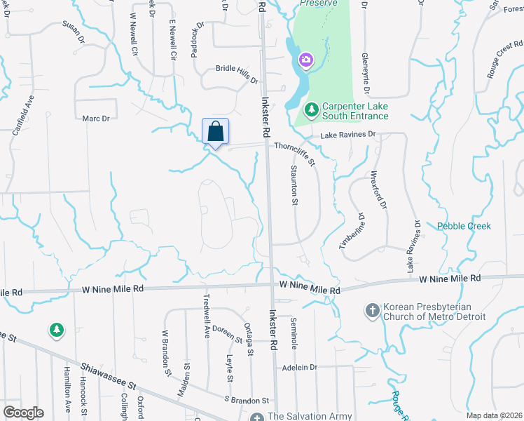 map of restaurants, bars, coffee shops, grocery stores, and more near 22899 Inkster Road in Farmington Hills
