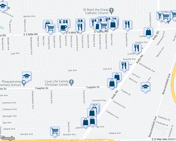 map of restaurants, bars, coffee shops, grocery stores, and more near 21859 Gascony Avenue in Eastpointe