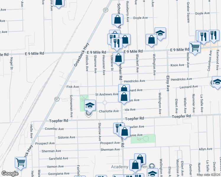 map of restaurants, bars, coffee shops, grocery stores, and more near 22463 Oaklane Street in Warren