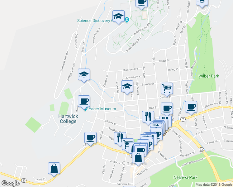 map of restaurants, bars, coffee shops, grocery stores, and more near 7 Weidman Place in Oneonta