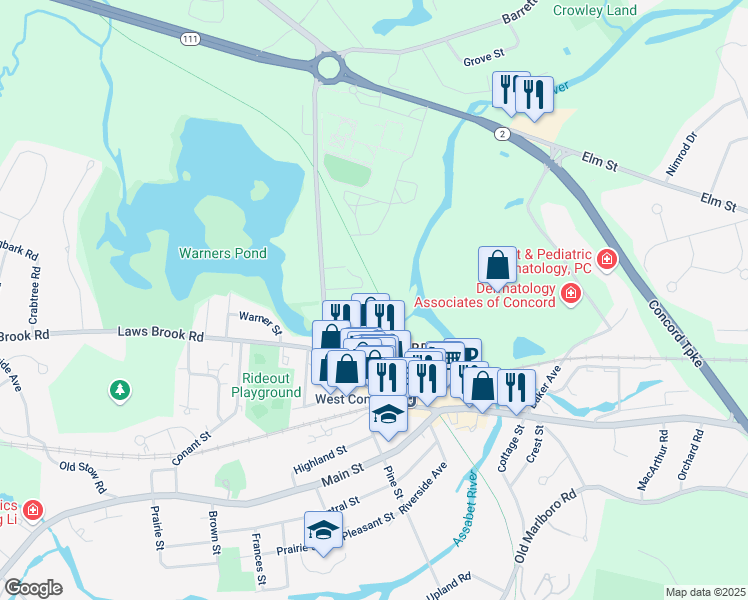 map of restaurants, bars, coffee shops, grocery stores, and more near 45 Winthrop Street in Concord