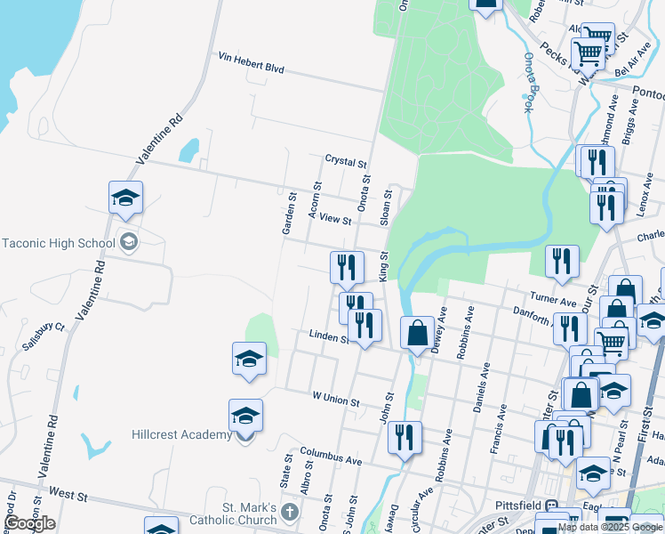map of restaurants, bars, coffee shops, grocery stores, and more near 15 Woodbine Avenue in Pittsfield
