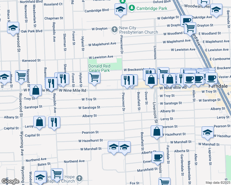 map of restaurants, bars, coffee shops, grocery stores, and more near 1151 West 9 Mile Road in Ferndale