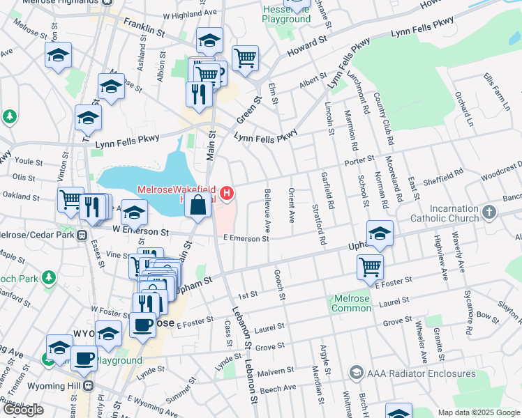map of restaurants, bars, coffee shops, grocery stores, and more near 74 Bellevue Avenue in Melrose