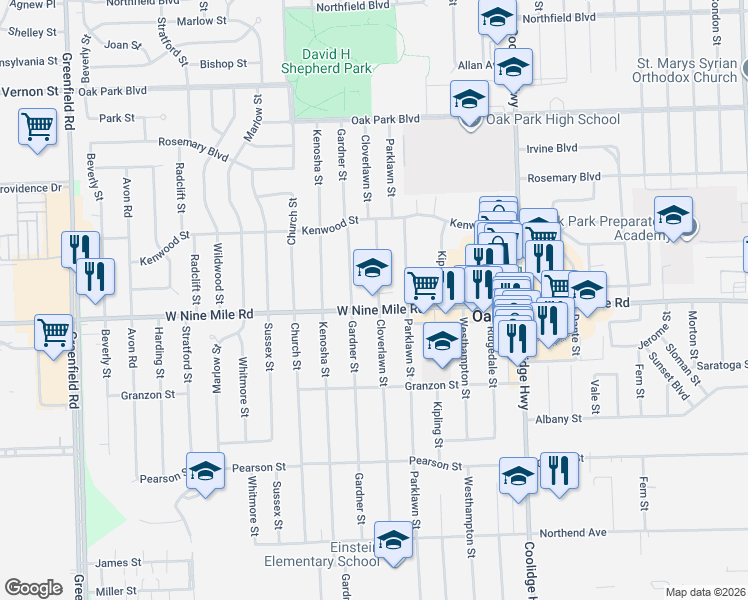 map of restaurants, bars, coffee shops, grocery stores, and more near 23041 Cloverlawn Street in Oak Park