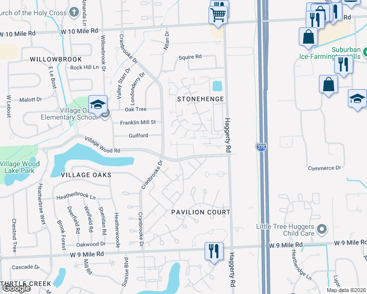 map of restaurants, bars, coffee shops, grocery stores, and more near 39834 Village Wood Circle in Novi
