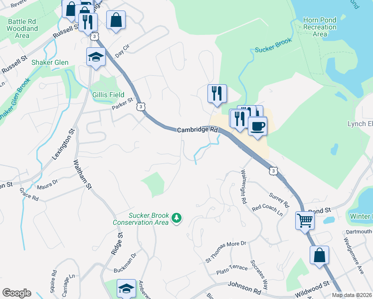 map of restaurants, bars, coffee shops, grocery stores, and more near 269 Cambridge Road in Woburn