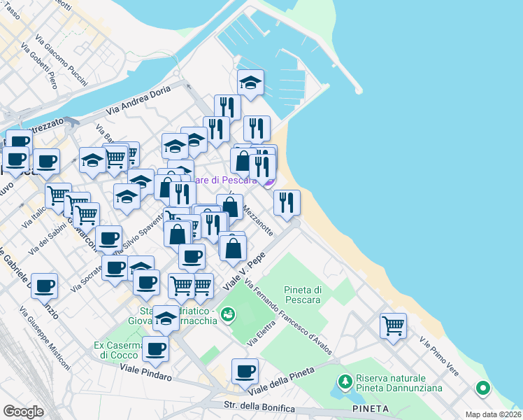 map of restaurants, bars, coffee shops, grocery stores, and more near 65 Via Salvatore Tommasi in Pescara
