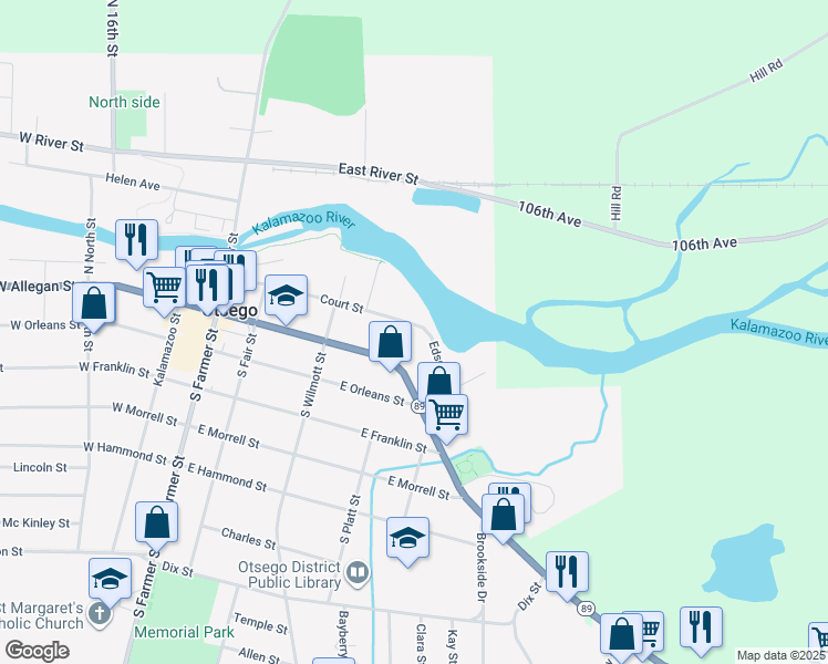 map of restaurants, bars, coffee shops, grocery stores, and more near 401 Court Street in Otsego