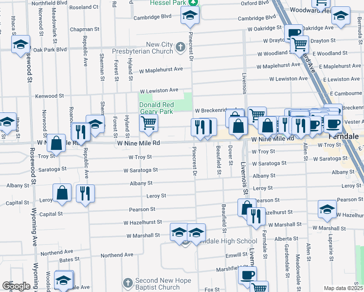 map of restaurants, bars, coffee shops, grocery stores, and more near 1151 West Nine Mile Road in Ferndale