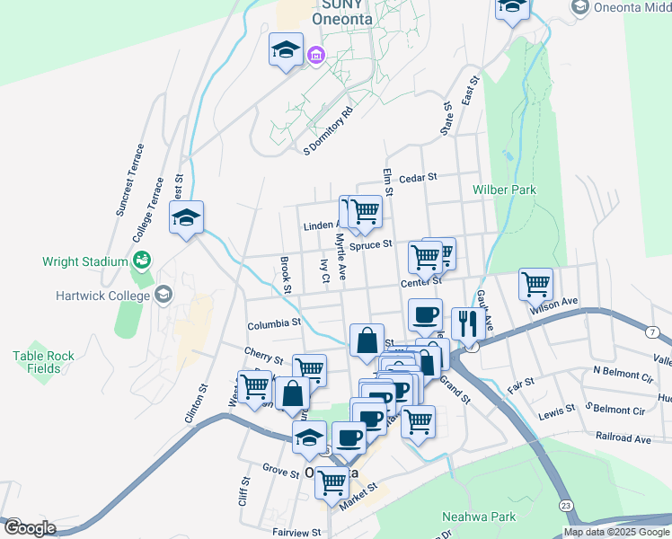map of restaurants, bars, coffee shops, grocery stores, and more near 12-14 Myrtle Avenue in Oneonta