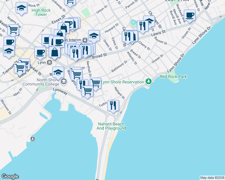 map of restaurants, bars, coffee shops, grocery stores, and more near 95 Nahant Street in Lynn
