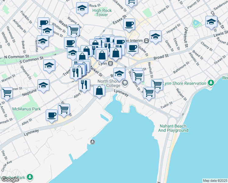 map of restaurants, bars, coffee shops, grocery stores, and more near 284-298 Market St in Lynn