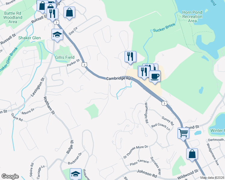 map of restaurants, bars, coffee shops, grocery stores, and more near 269 Cambridge Road in Woburn